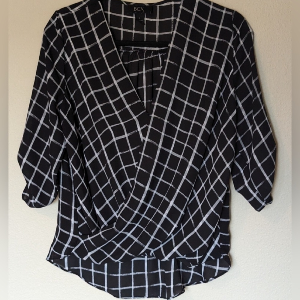 BCX Black & White Plaid Grid Roll Tab Blouse Top Size XL - Picture 13 of 14
